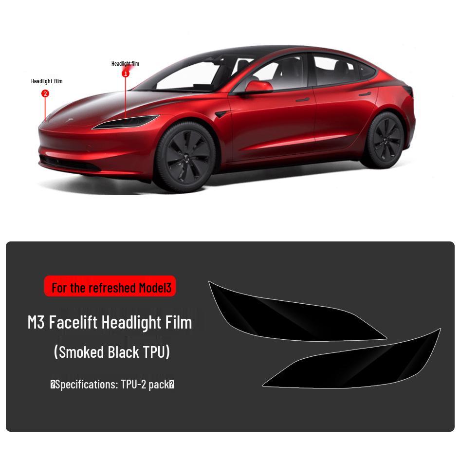 Tesla Model 3/Y TPU Anti-Mud Smoked Film: Headlight, Taillight, Center Pillar, Door Handle Protection.