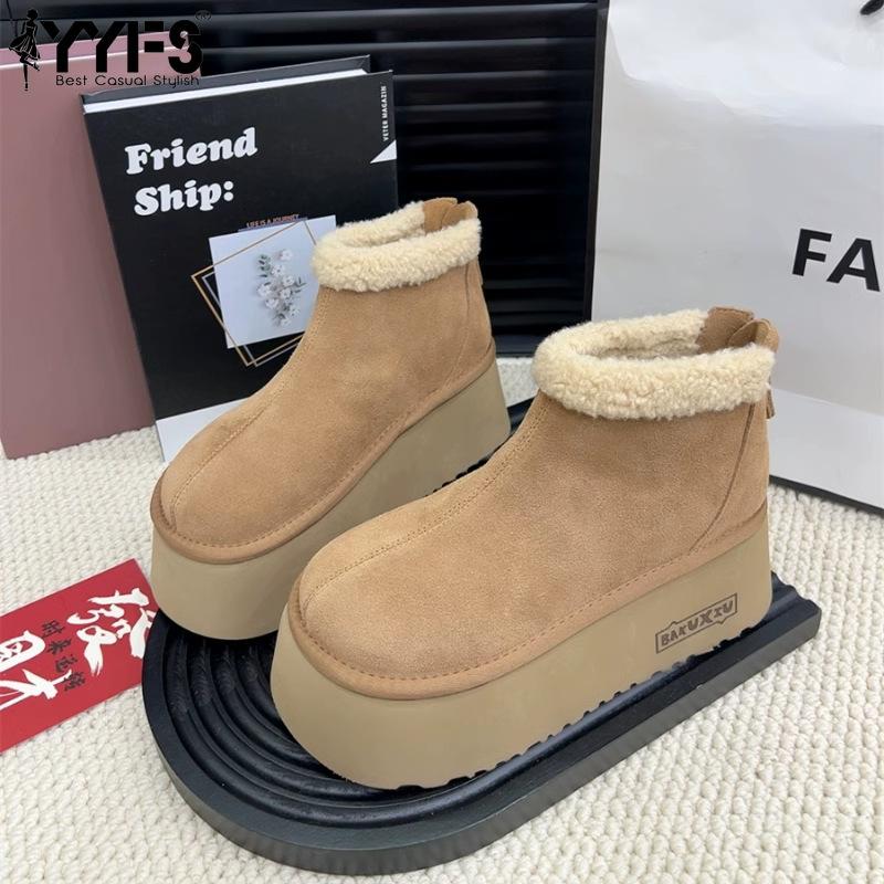 Suede Women Winter Ankle Boots Platform Designer Fur Short Plush Mid Heel Cotton Shoes 2025 Trend Warm Winter Zipper Boots for Women