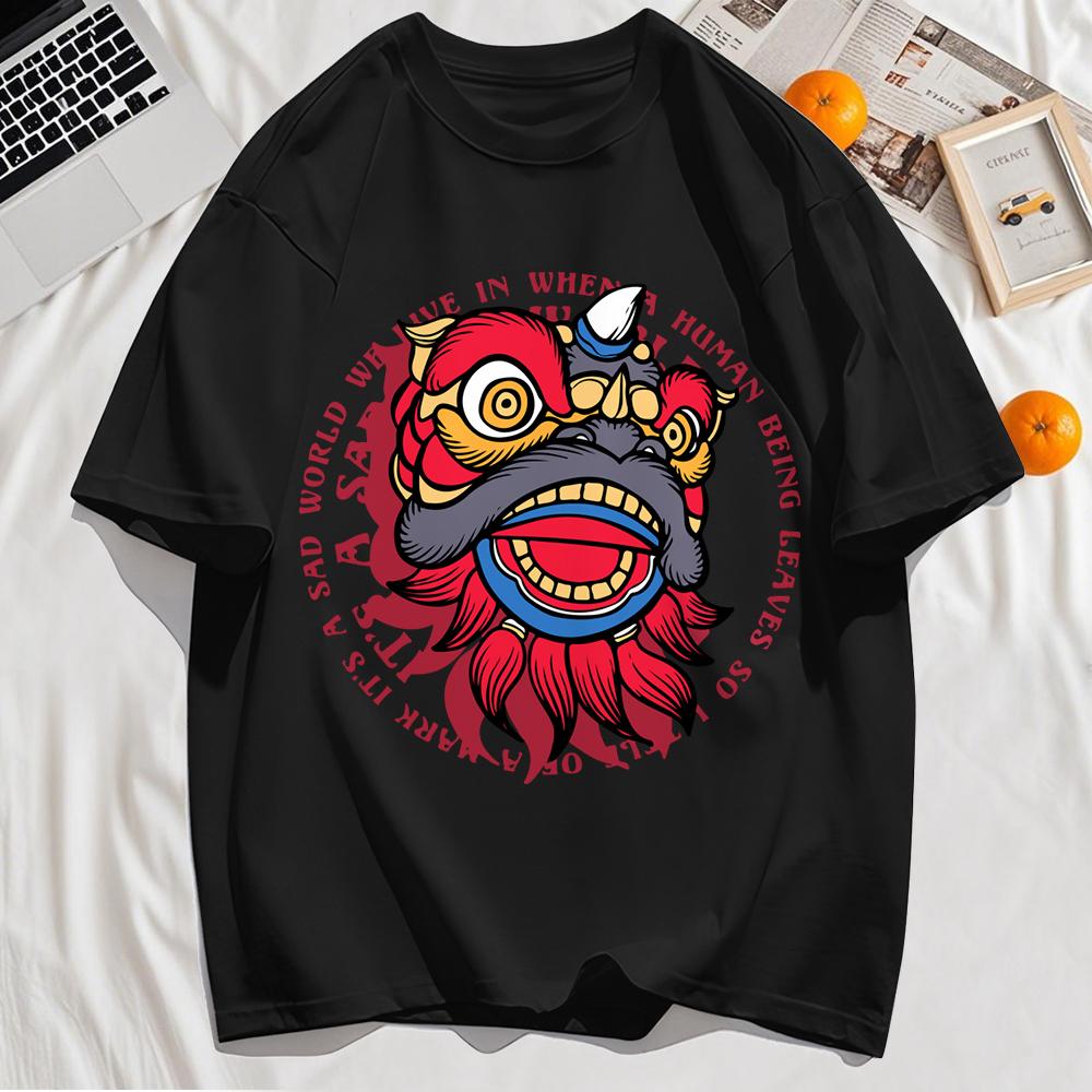 Energetic Dancing Lion Head Prints Mens T-Shirt Hip Hop O-Neck Short Sleeve Cotton Casual T Shirt Oversized Summer Top