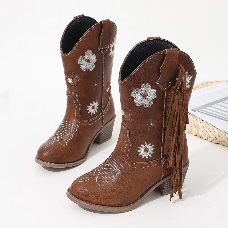 

Цветочные ковбойские сапоги до колена для девочек премиального качества без застежки с бахромой детские осенние на каблуке с острым носком botas para niños 35 (Inner22.8cm) коричневый