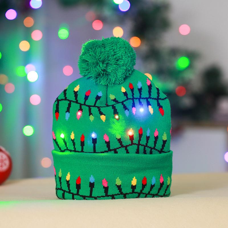 Cross-border Christmas decoration supplies cuffed knitted hat with ball LED light Santa Claus luminous hat for adults and children