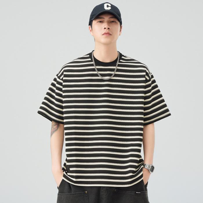 

Полосатая футболка Мужская Летняя Новинка Футболка с коротким рукавом и круглым вырезом Свободная Пятиточечный рукав Японский Ретро 4XL