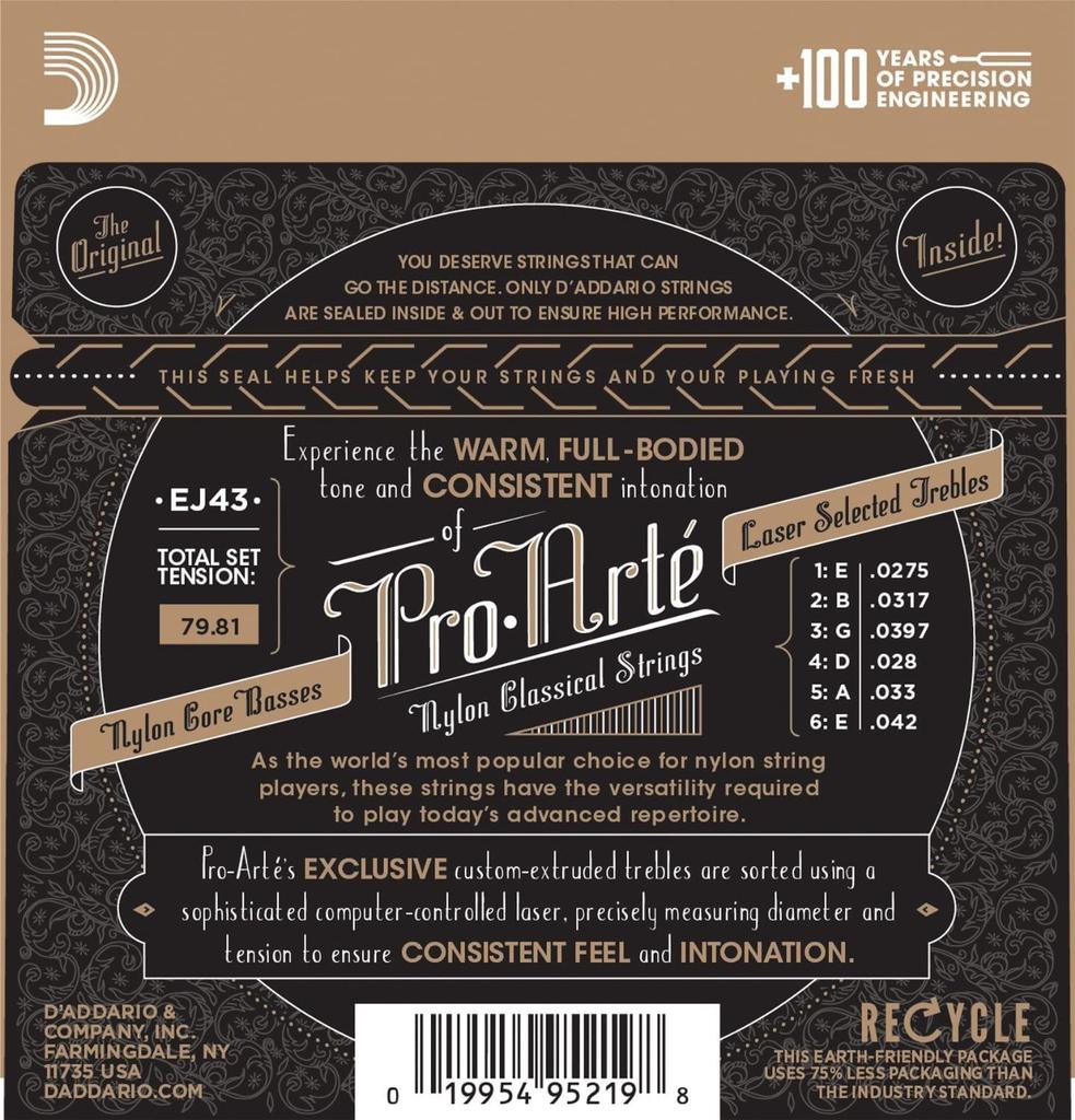 ProArte Classical Guitar D'Addario Strings, Silver/Clear Light, EJ43, 10-Pack