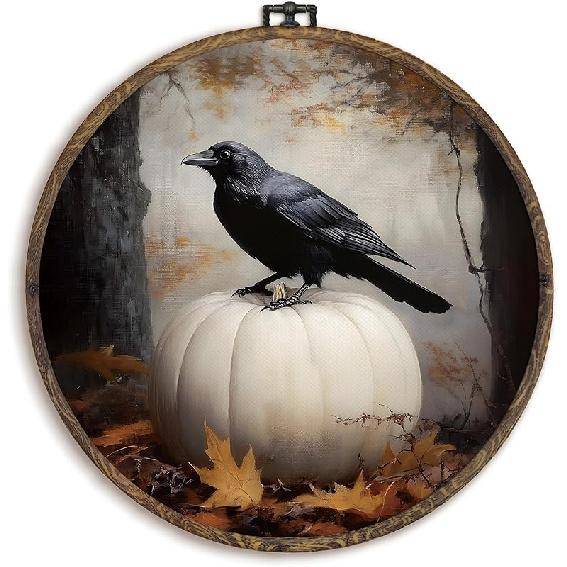 KFXHANGD Halloween Fall Raven Round Wall Art Framed, Gothic Crow Pumpkin Canvas Wall Art Decor, Halloween Fall Hanging Decor for Kitchen Bedroom