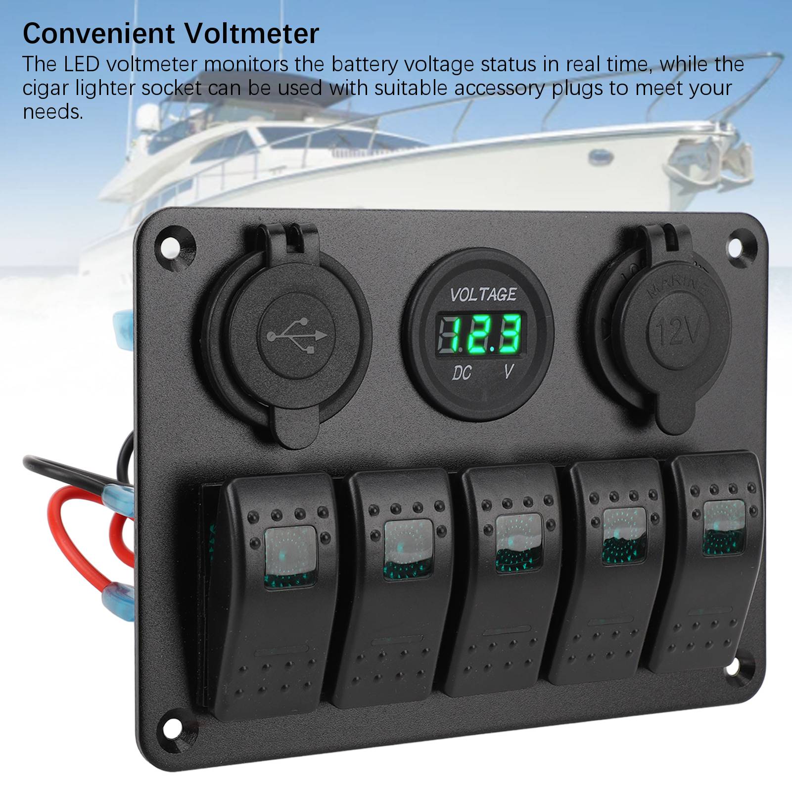 

Switch Panel DC 12 to 24V 5 Gang Aluminum Alloy IP65 Water Resistant Prewired Rocker Switch Panel with Dual USB Cigar зелёный