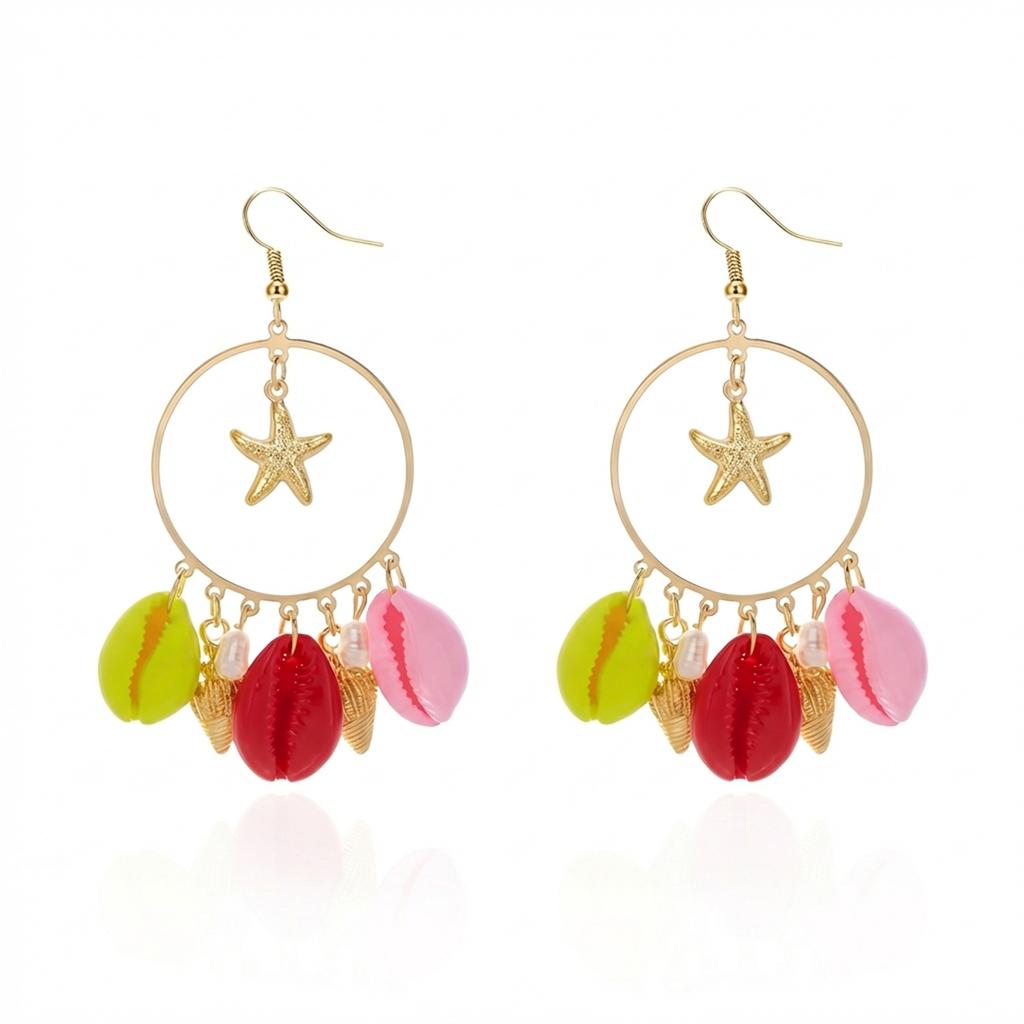Colorful Starfish Shell Conch Imitation Pearl Earrings Simple Geometric Hoop Fringe Drop Earrings Bohemian Style Accessory