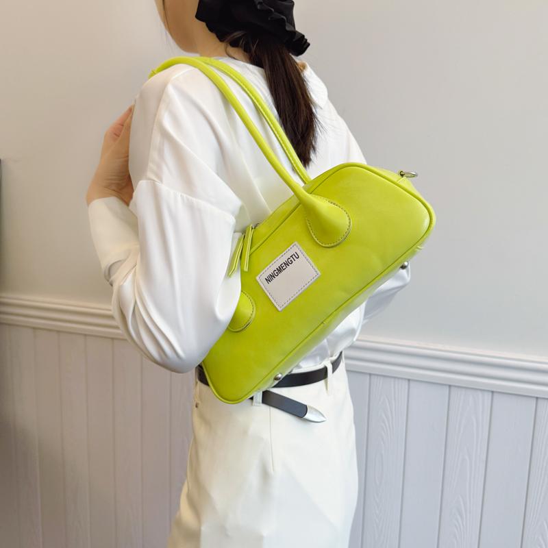 Neon Green Leather Shoulder Bag for Women - Trendy Baguette Handbag with Detachable Strap, Fashion Retro Purse