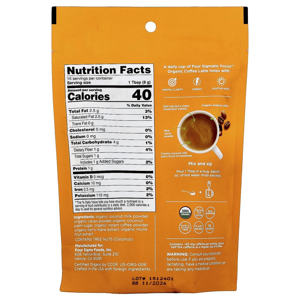 Four Sigmatic Focus, Organic Instant Coffee Latte with Reishi Mushroom, Mocha, 120g (4.23oz)