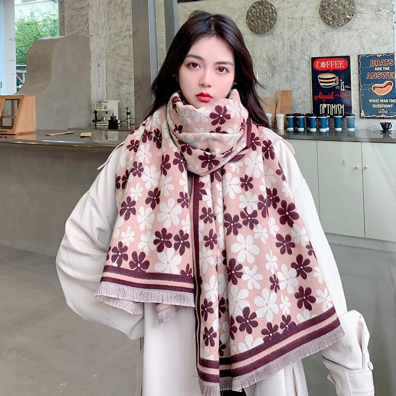 

Новые шарфы для женщин осенью и зимой, модные кашемировые шарфы с цветочным принтом, теплые и утолщенные шали ONE SIZE