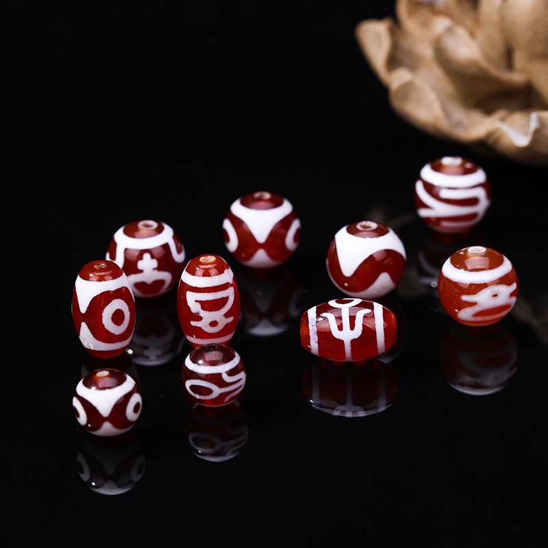 Tibetan Agate Honghong Meat Round Swastika Dzi Beads, Antiqued Weathered Texture for DIY Bracelets & Necklaces