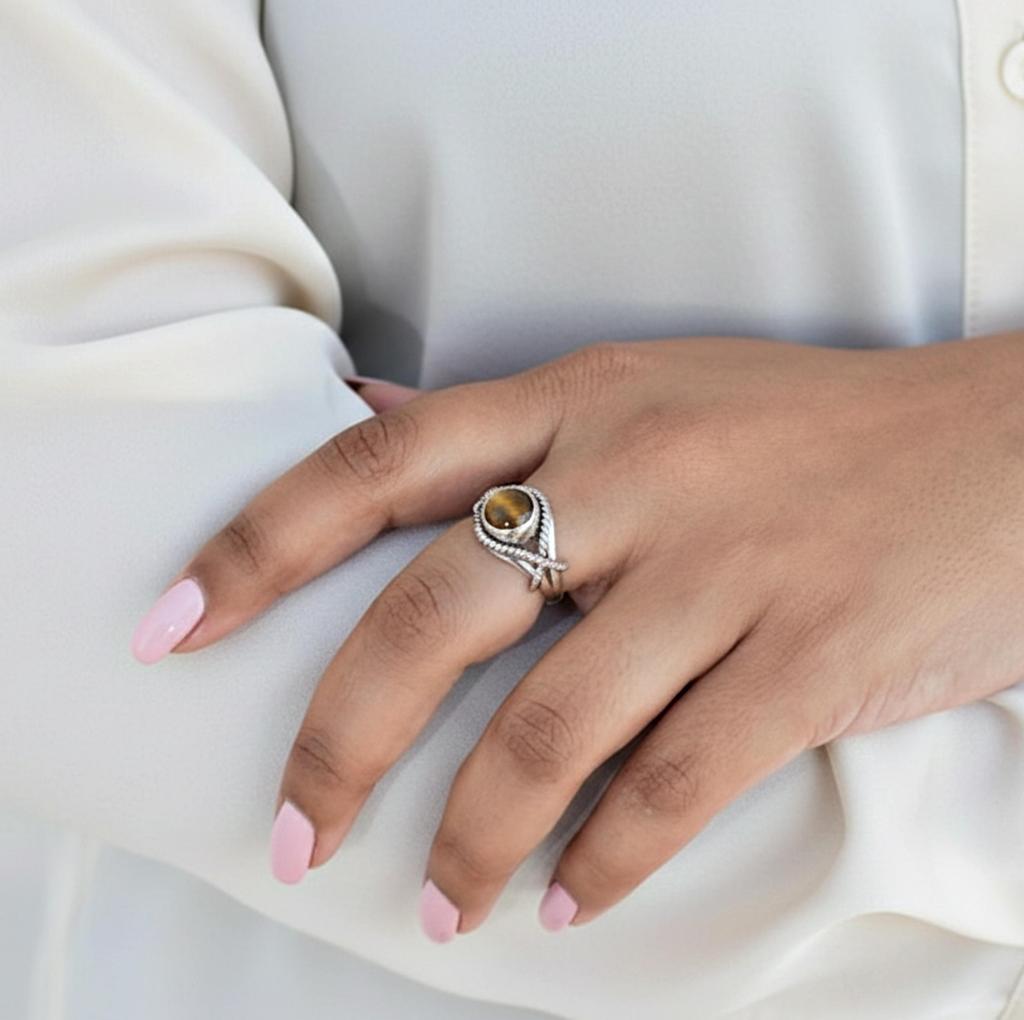 Tiger Eye Round Statement Ring, 925 Solid Sterling Silver, Minimalist Bold Ring for Women