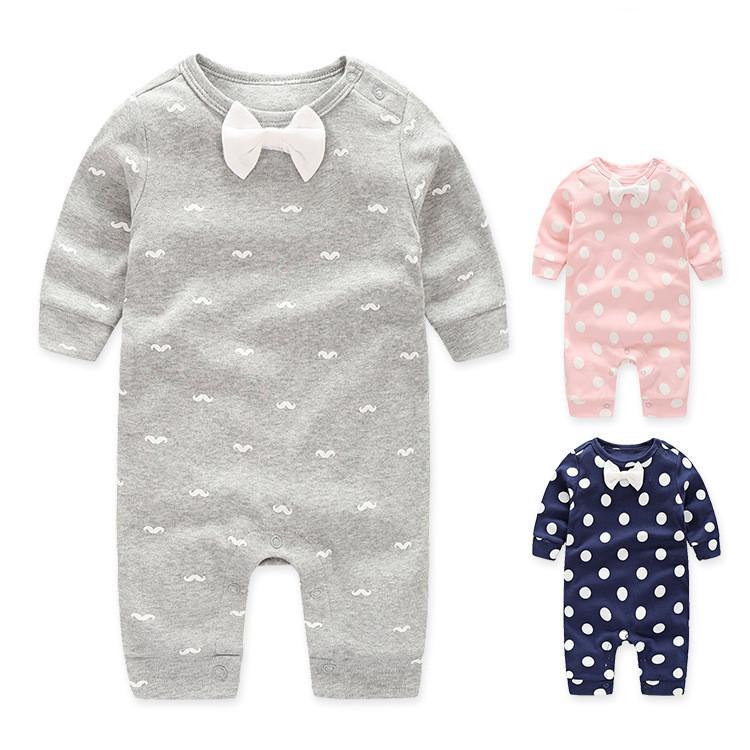 Baby Langarm Baumwoll Strampler mit Schleife für Kleinkinder zum Krabbeln und Spielen