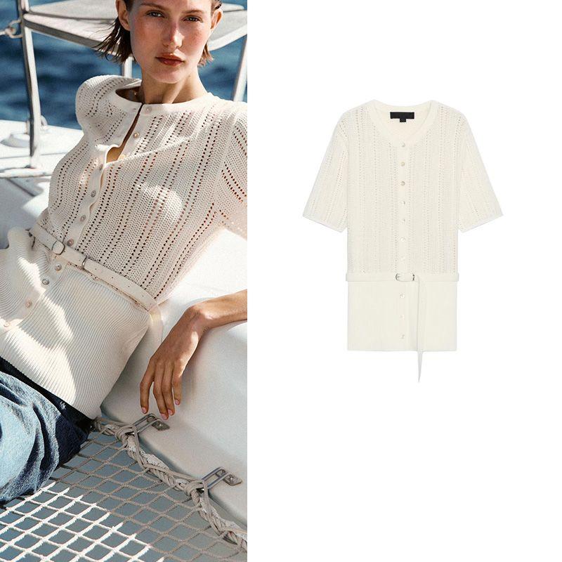 Summer New Product Women's Clothes Fashion Style Fashion with Belt Jacquard Mesh Knit Casual Outwear 0244002