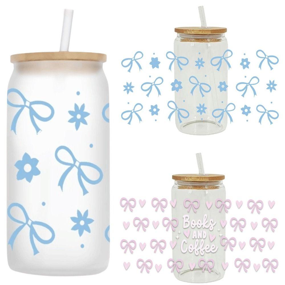 Waterproof Wrap Stickers Clear Pink Bow Decals Creativity Water Bottles Sticke  For 16Oz Glass Cup