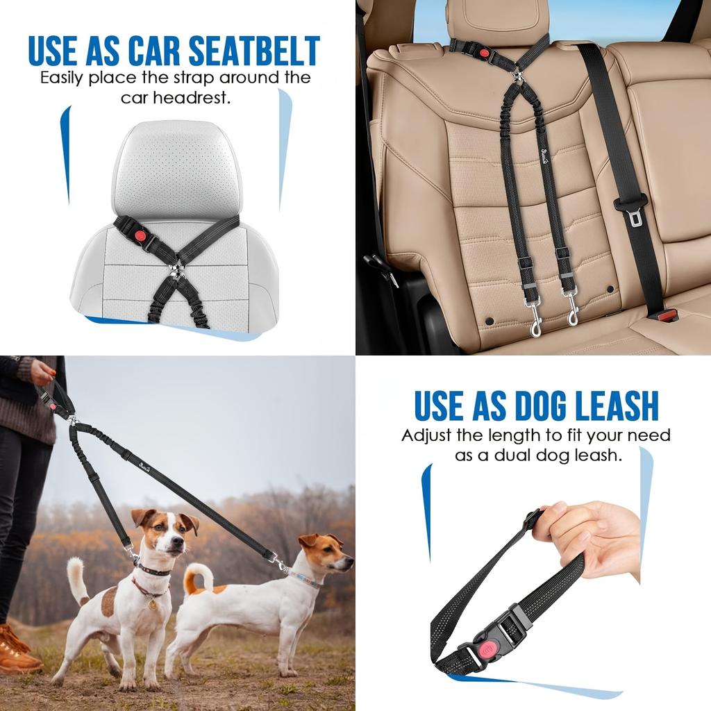 [Cinturón de Seguridad Seguro para Perros] Cinturón de Seguridad Doble para Coche para Perros con Hebilla Ajustable | Bungee Elástico de Nailon Reflectante Reposacabezas Sujeción - Seguro