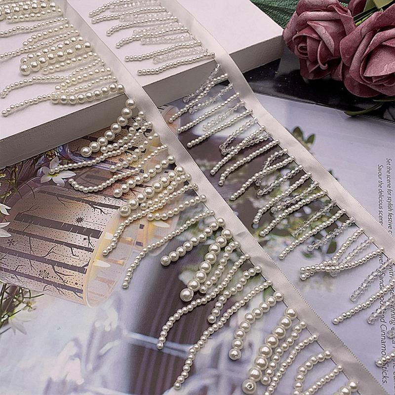 2 Yard Imitation Pearl Bead Pendant Tassel Fringe Lace Trim Diy Upholstery Wedding Dress Costume Edging Lace Ribbon Decor Carfts