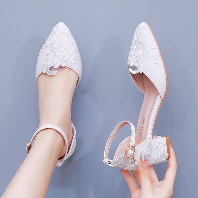 High Heels Shoes Slip on Women Sandals Wedding Pumps PU 4CM Square Heel Pointed Hollow Shallow Mouth White Lace Mesh Women Shoes