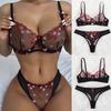 European & American Style Heart Embroidered Sheer Black Mesh Lingerie Set