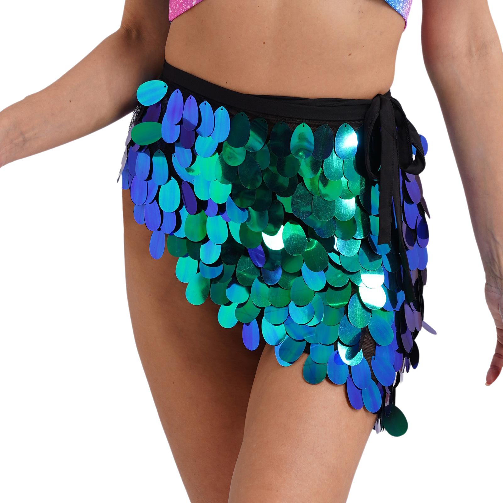 Womens Sequins Dance Skirt Lace-Up Mermaid Hip Scarf Wrap Long Belly Dance Hip Skirt Festival Dance Stage Performance Costumes M