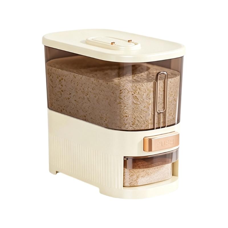 Countertop Rice Storage Bin with Push Button Release, Covered Rice Holder and Supply Window for Kitchen Cabinet Use