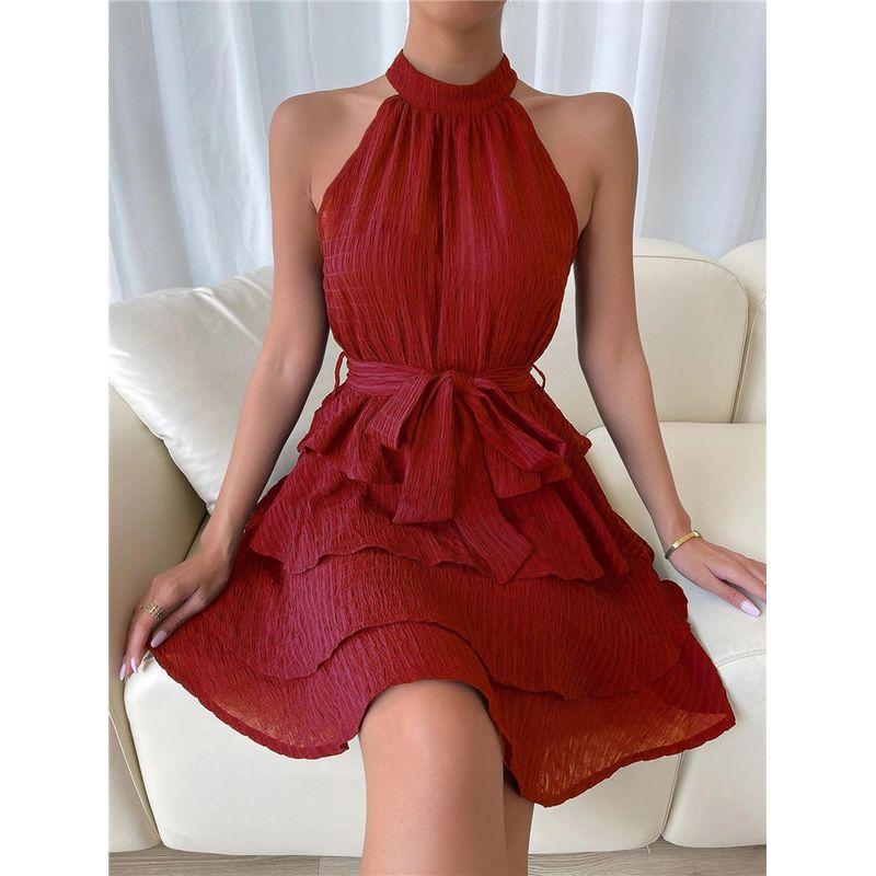 

European and American Fashion Sleeveless Frill Dress Cake Skirt Sleeveless Ruffle Cake Dress Red S