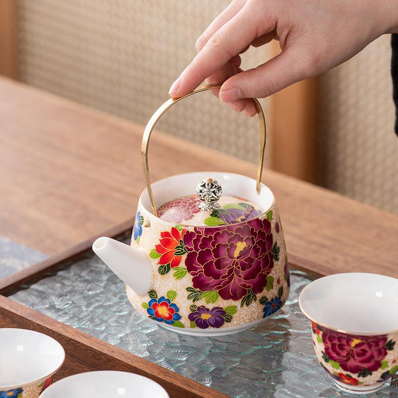 Vaso a trave sollevante in porcellana giada di sego Guochao creativo colore smalto una pentola quattro tazze scatola regalo di alta gamma set regalo aziendale di lusso leggero
