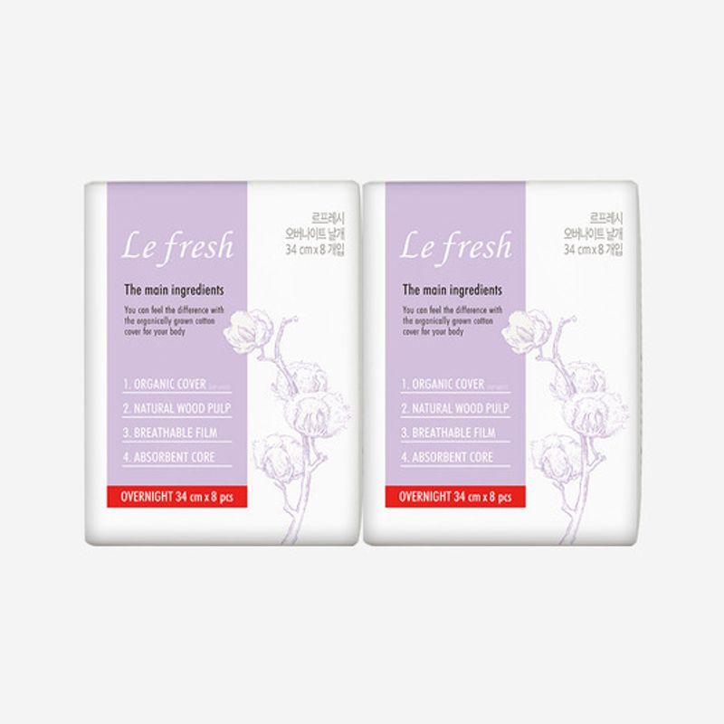 Lefresh Organic 100% Cotton Cover Vegan Sanitary Pads Overnight 2 Pack (16 Sheets) Overnight 8 sheets X 2 packs