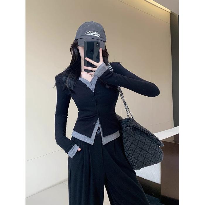 

MR [Tmall Quality] Large Size Women s Spring Fat mm Design Sense Fake Two-piece Slim Top XL чорний