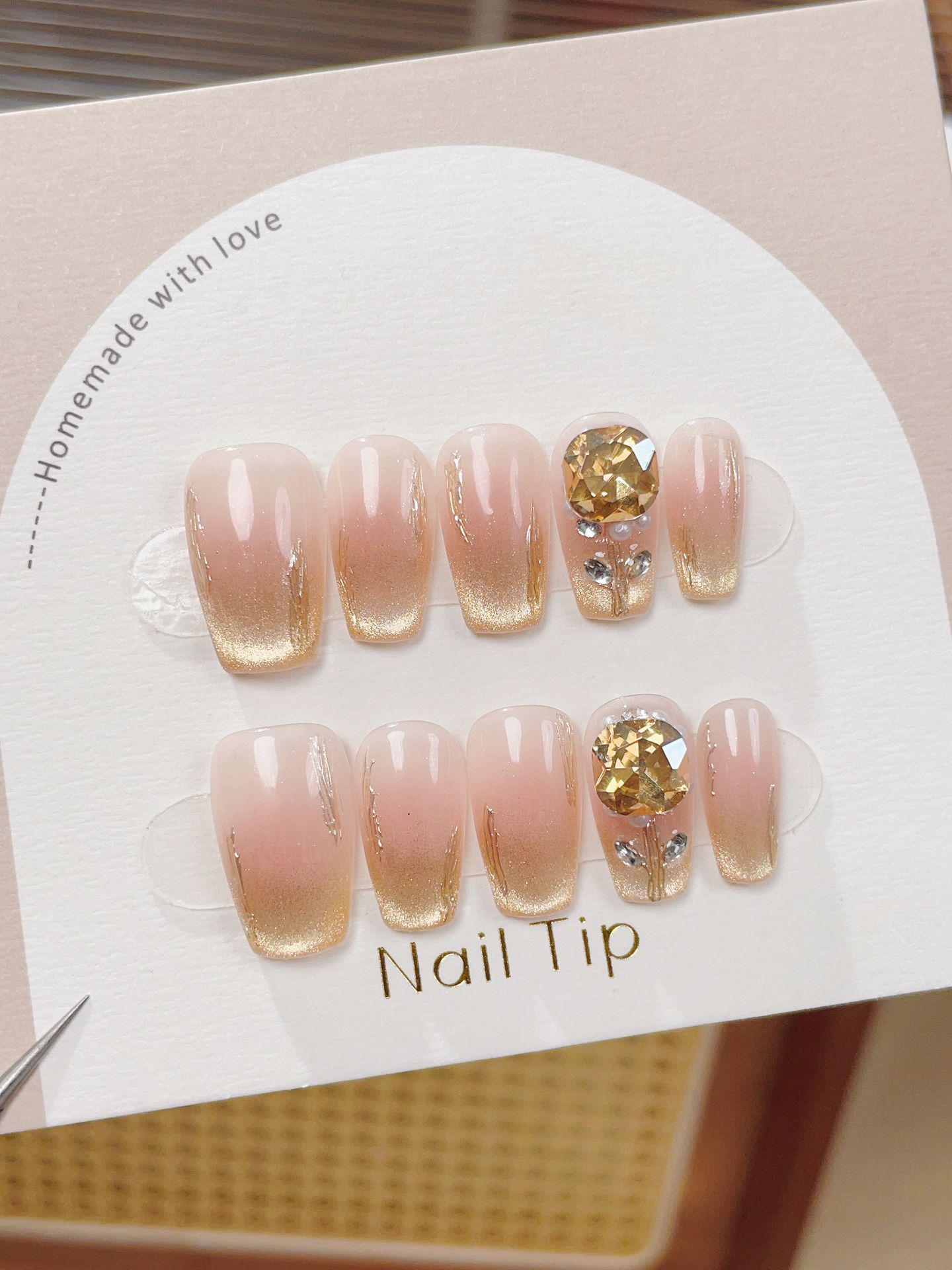 

Супер Блестящие Ногти Кошачий Глаз Шампань Роза Накладные Ногти с Гелевым Покрытием и Наклейками Small