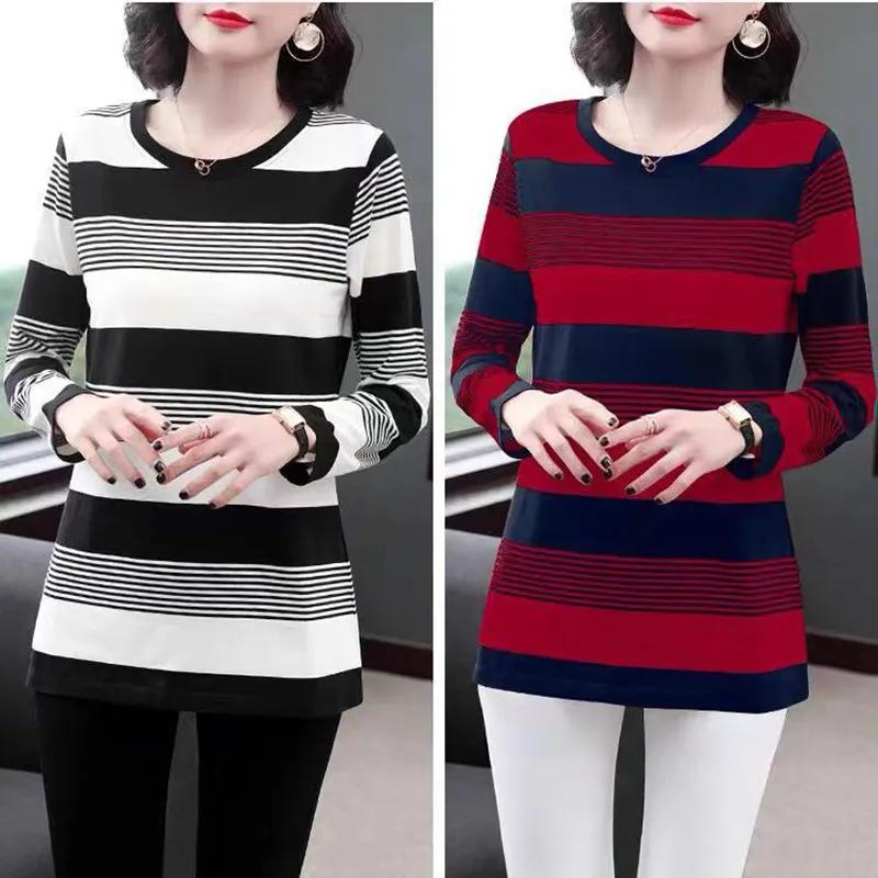 Spring and Autumn Women's Casual Stripe Print Long Sleeve O-Neck Blouses & Shirts