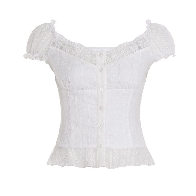 2026 Spring/Summer New French Style Lace Hollow Out Puff Sleeve Shirt Sexy Slightly Transparent White Top for Women White S