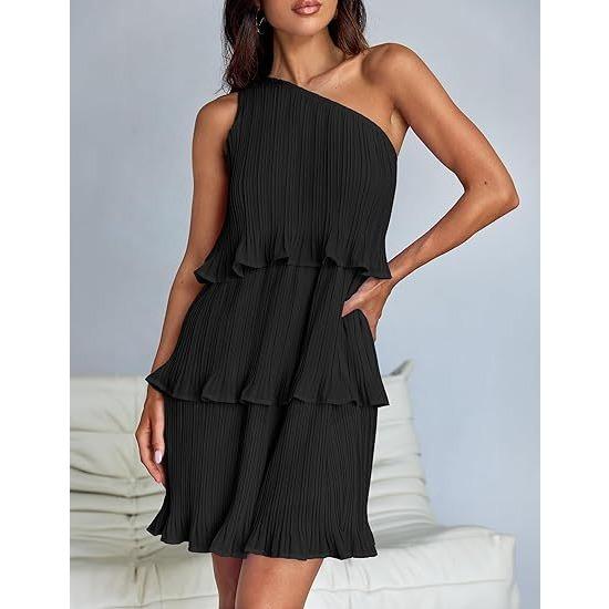 IHUASU Spring Summer Women s Dress Diagonal Shoulder Layered Stitching Hem Solid Color Dress Women S чёрный