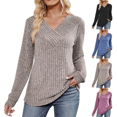 Women's Fashion Solid Color Long Sleeve V Neck Casual Pullover T-shirt Top