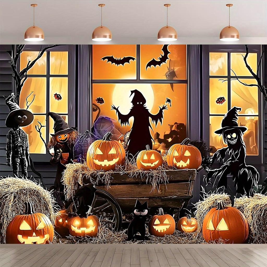 1 piece of Halloween photo background banner - Spirit witch, pumpkin and haunted house scenezyc