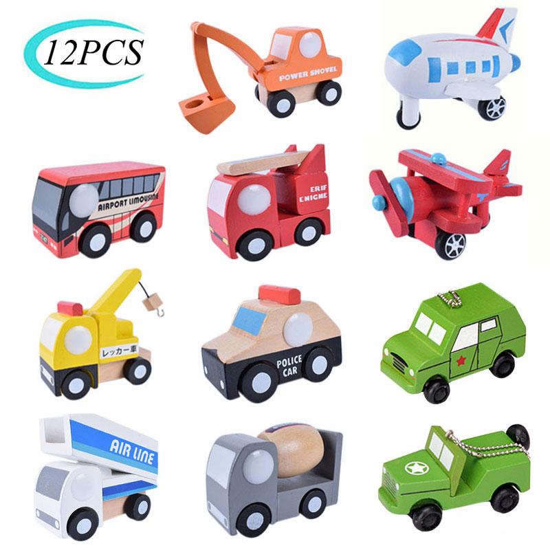 12PCS Set Mini Wooden Car Airplane Model Toy Simple Style Decoration Color Wooden Car Airplane Mini Educational Toy For Children