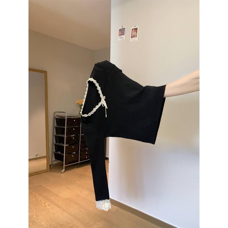 Pink bow-tied bottoming shirt top women's winter inner lace collar design knitted sweater