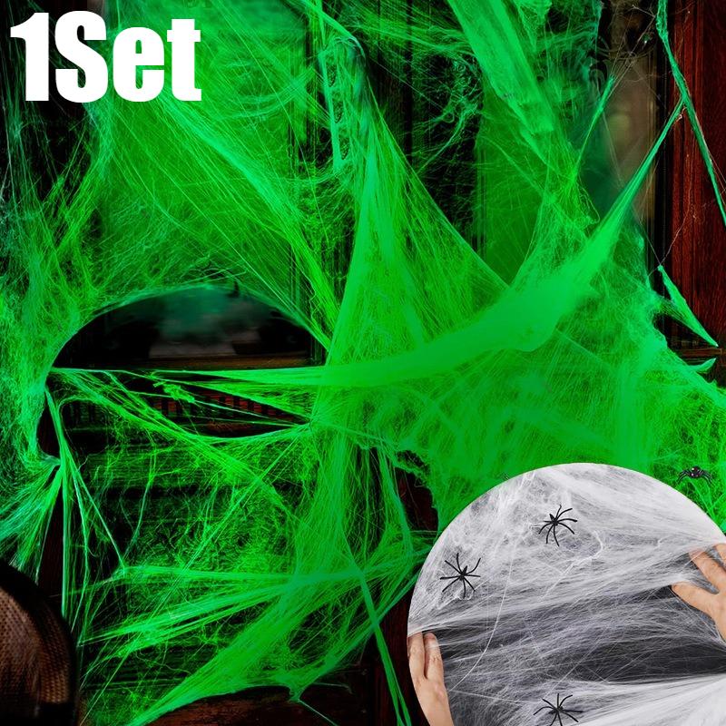 White Stretch Cobwebs Glow Decor Halloween Black Plastic Spiders Spider Web Indoor Creepy Party Supply Dark Glow Essential