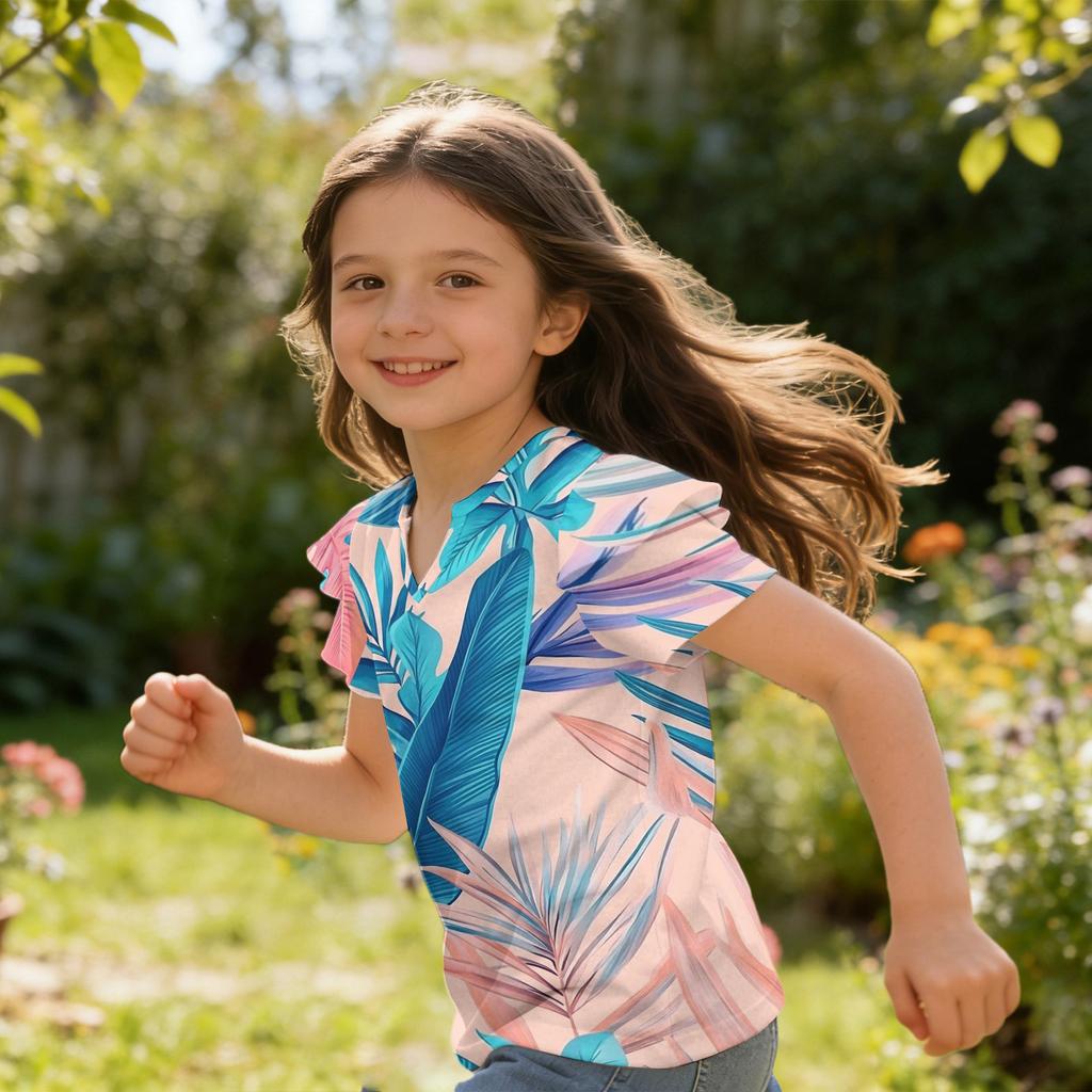 Girls V Neck Ruffle Sleeve Hawaiian Print Short Sleeve T Shirt Casual Blouse Lightweight Summer Top for Kids