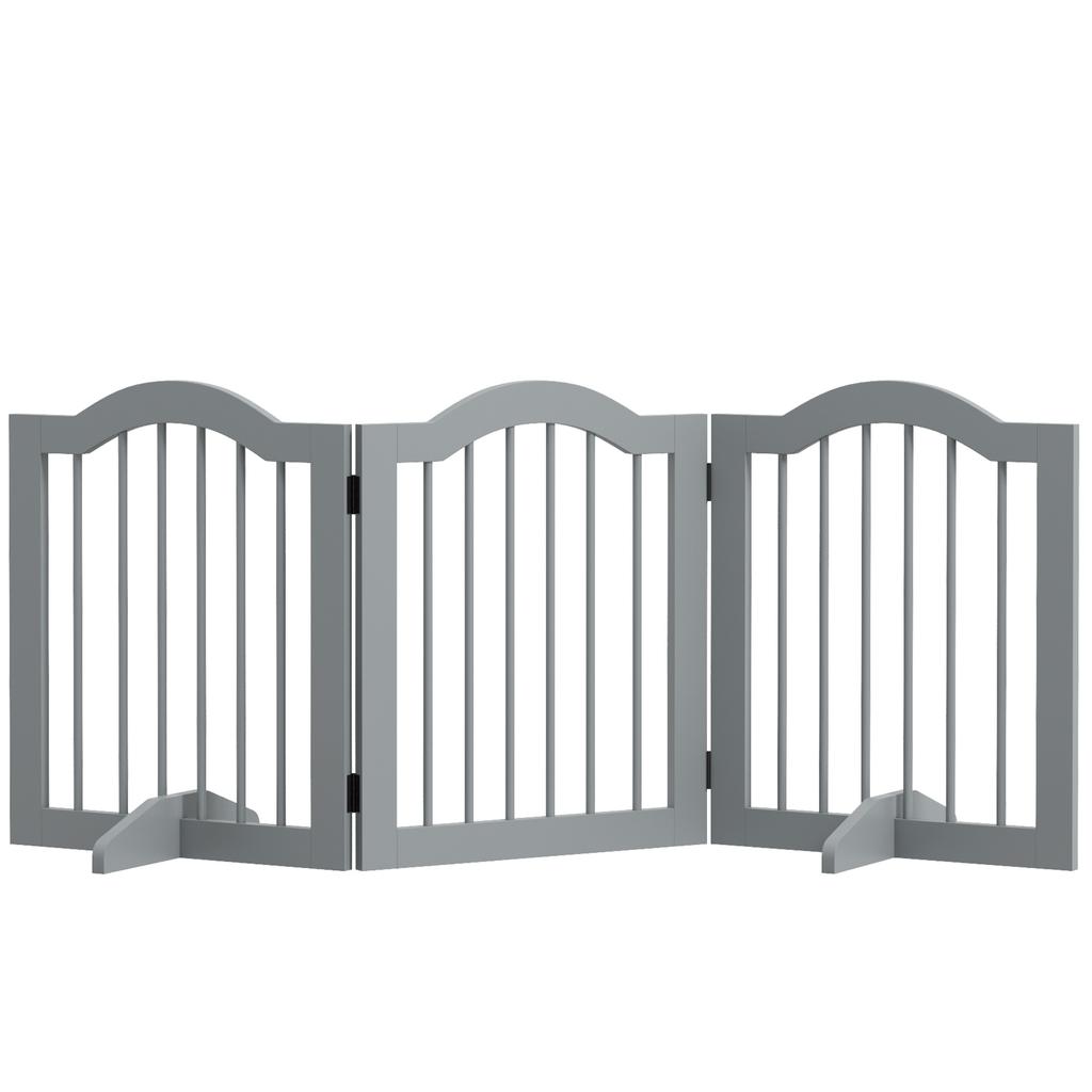 3 Panels Dog Gate W/ Support Feet Fence Safety Barrier Freestanding Wood Light Grey