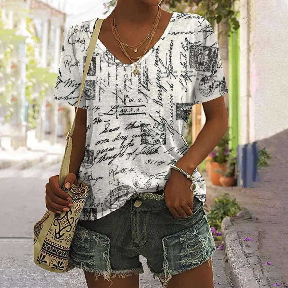 

Персонализированная ретро женская одежда 3D V-образный вырез с короткими рукавами старая газета принт летняя женская одежда футболка уличный Harajuku топ 8XL