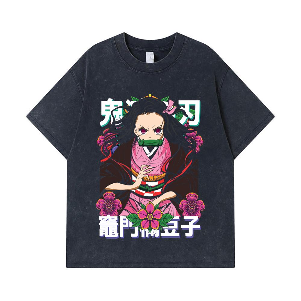 275 GSM Gewaschene T-Shirts 100% Baumwolle Demon Slayer V70 Nezuko Blumenprint Unisex Schweres Baumwoll-T-Shirt