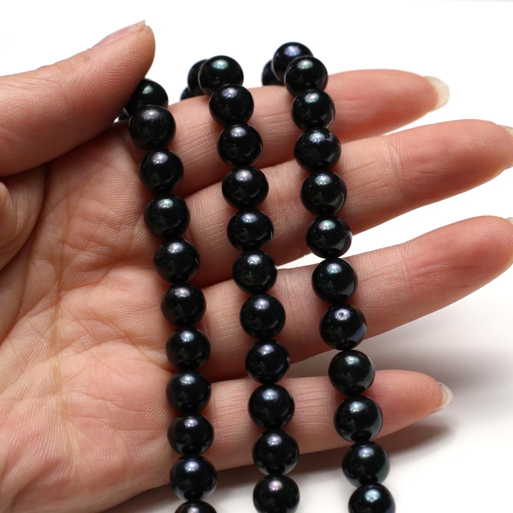 1String, Handmade Round Pearl, 9-10mm, Black Natural Freshwater Pearls Beads for Jewelry Making DIY Necklaces Bracelets Crafts Length 36cm