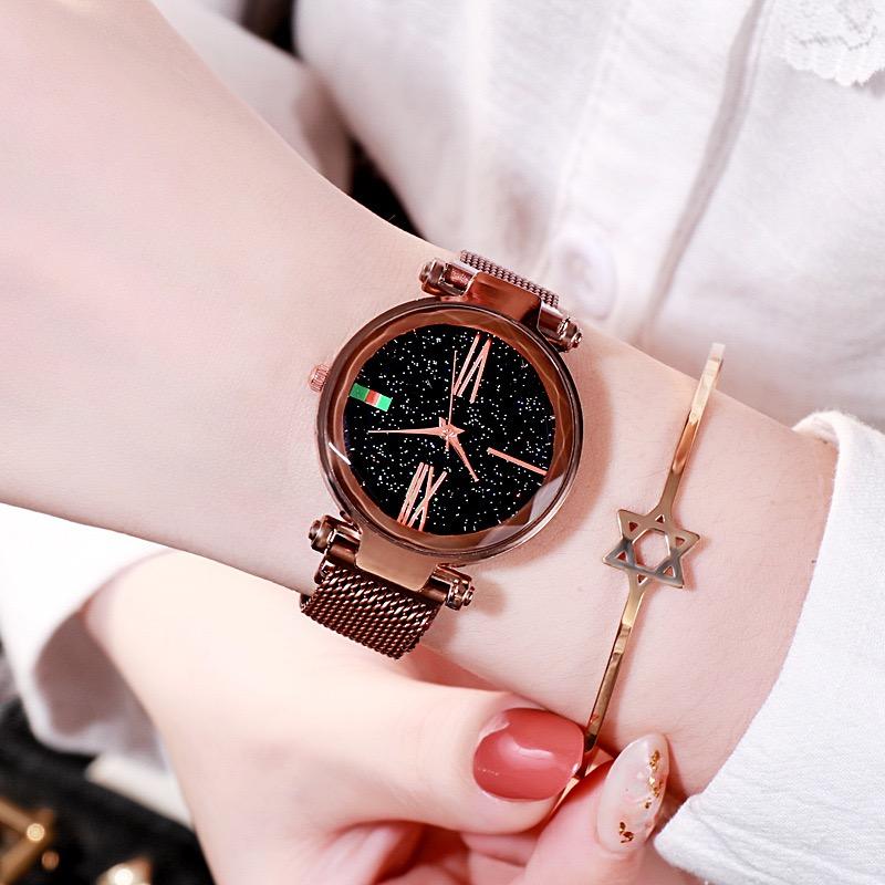 Women Watches Hours Mesh Magnet Starry Sky Watch Luxury Ladies Roma Dial Quartz Wristwatch