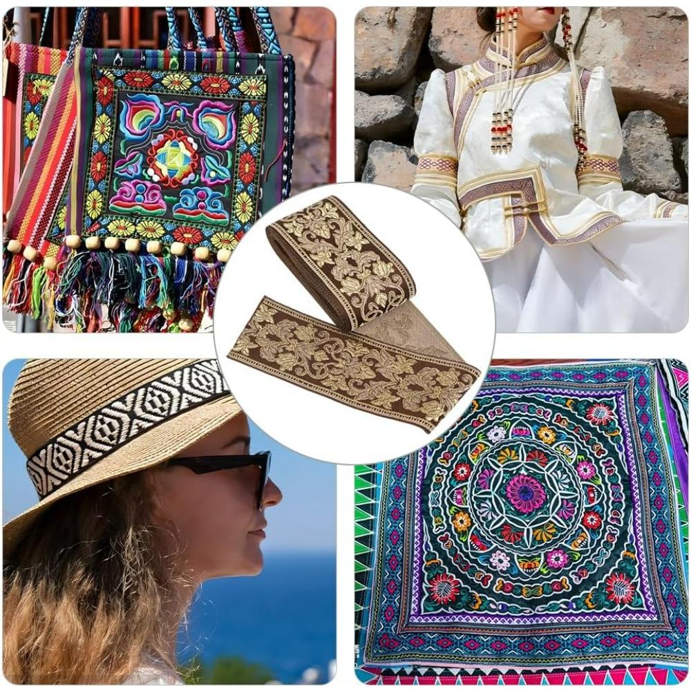 Kávová Boho Žakárová stuha Květinová stuha 5 yardů(5m) Etnická výšivka Polyesterová plochá paspule 61mm Tkaná krajková stuha Pevný popruh