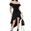 Black ruffle edge irregular dress for women's summer new one-word shoulder waist sexy skirt for women