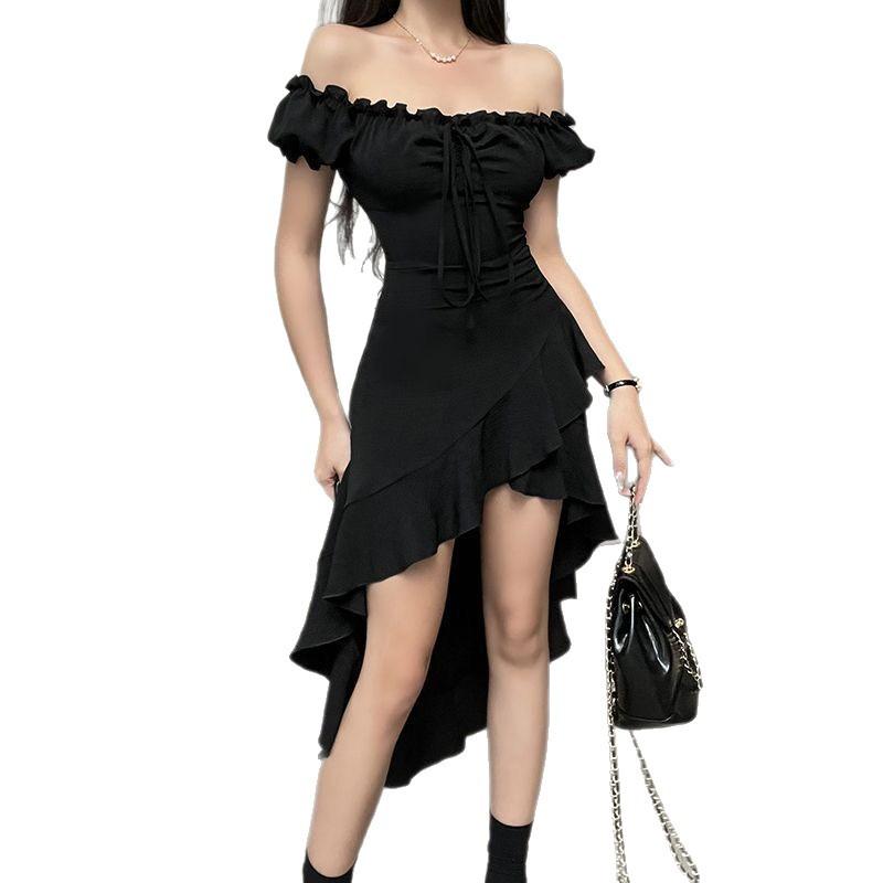 Black ruffle edge irregular dress for women's summer new one-word shoulder waist sexy skirt for women