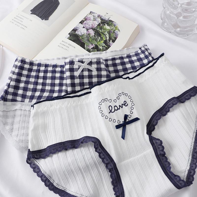 Navy Blue Women's Panties Cotton Mid-waist Bow Threaded Breathable Girl Student Briefs