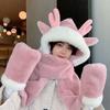 winter women's warm hat three-piece set hat scarf gloves in one set with cute cartoon antlers, perfect for Christmas gift
