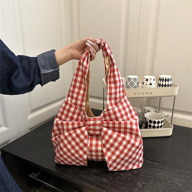 Summer Vintage Plaid Vest Bag Large Capacity Shoulder Bag Lightweight Shopping Bag Versatile Canvas Bag Female Student
