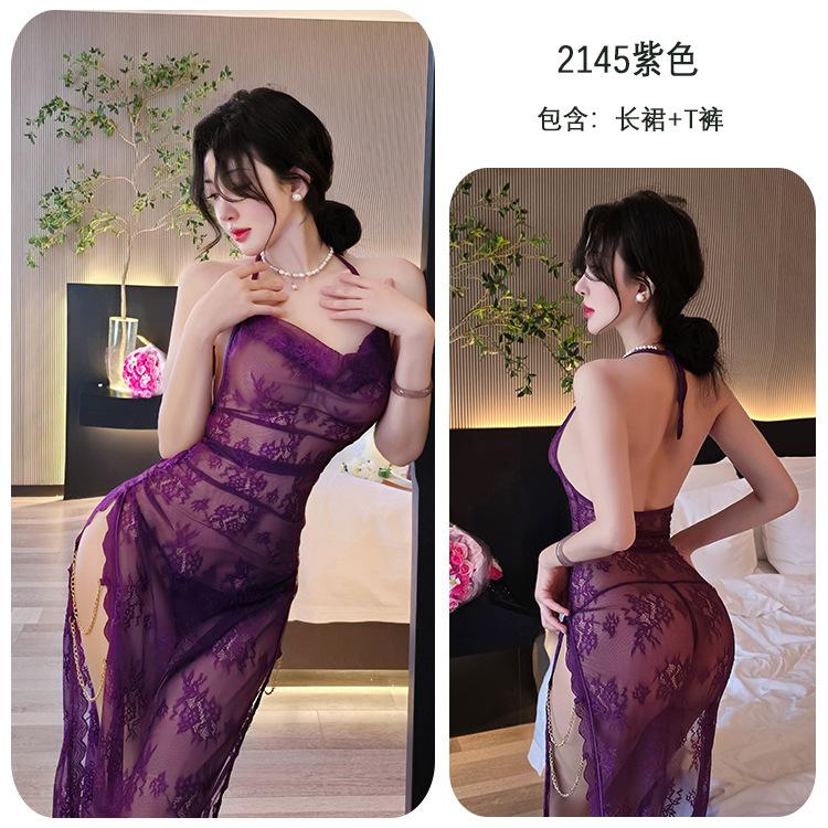 Sexy lingerie lace perspective split cheongsam sexy elegant nightdress uniform temptation